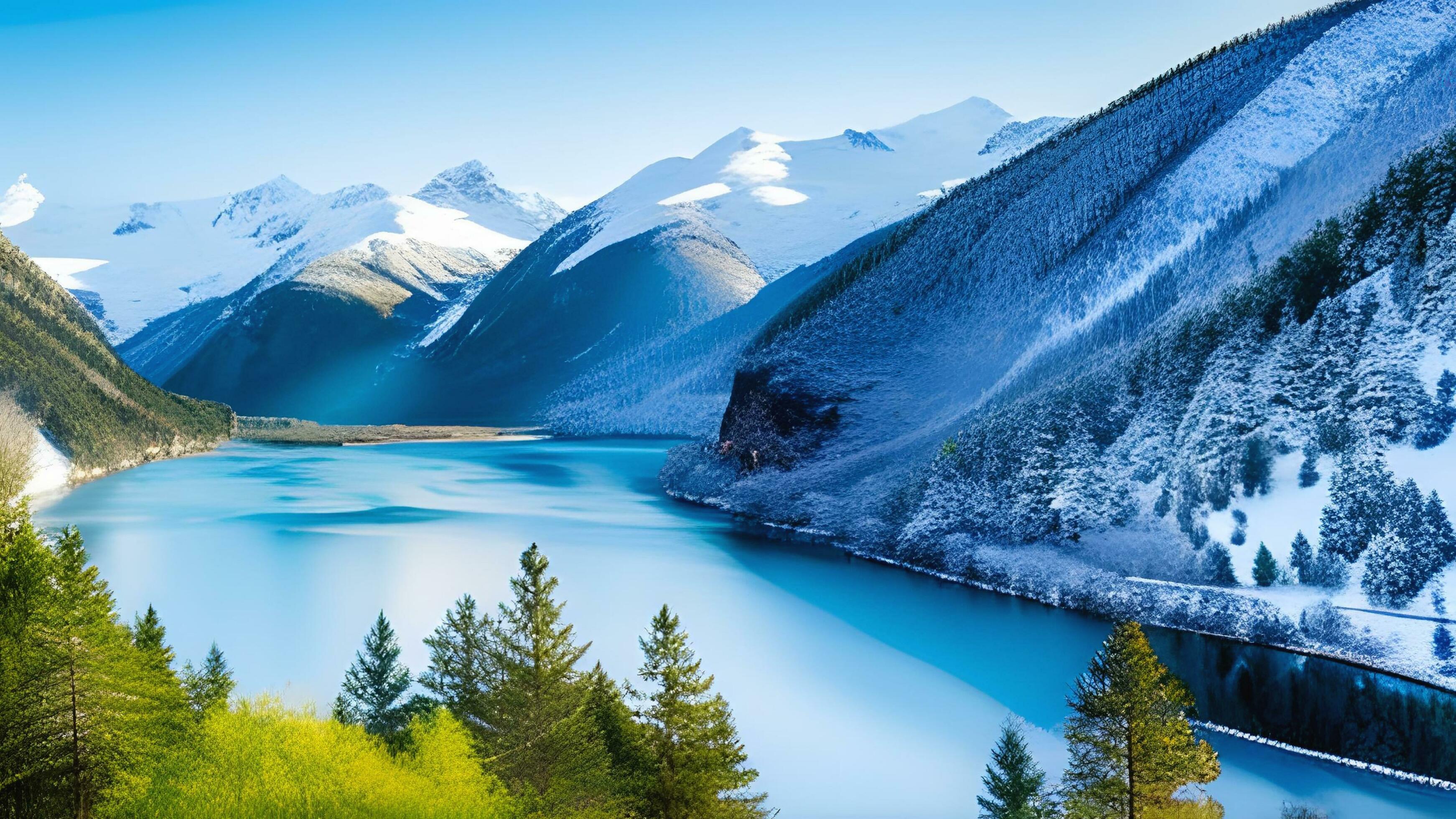 Раздельное изображение заснеженной степи и солнечного горного озера