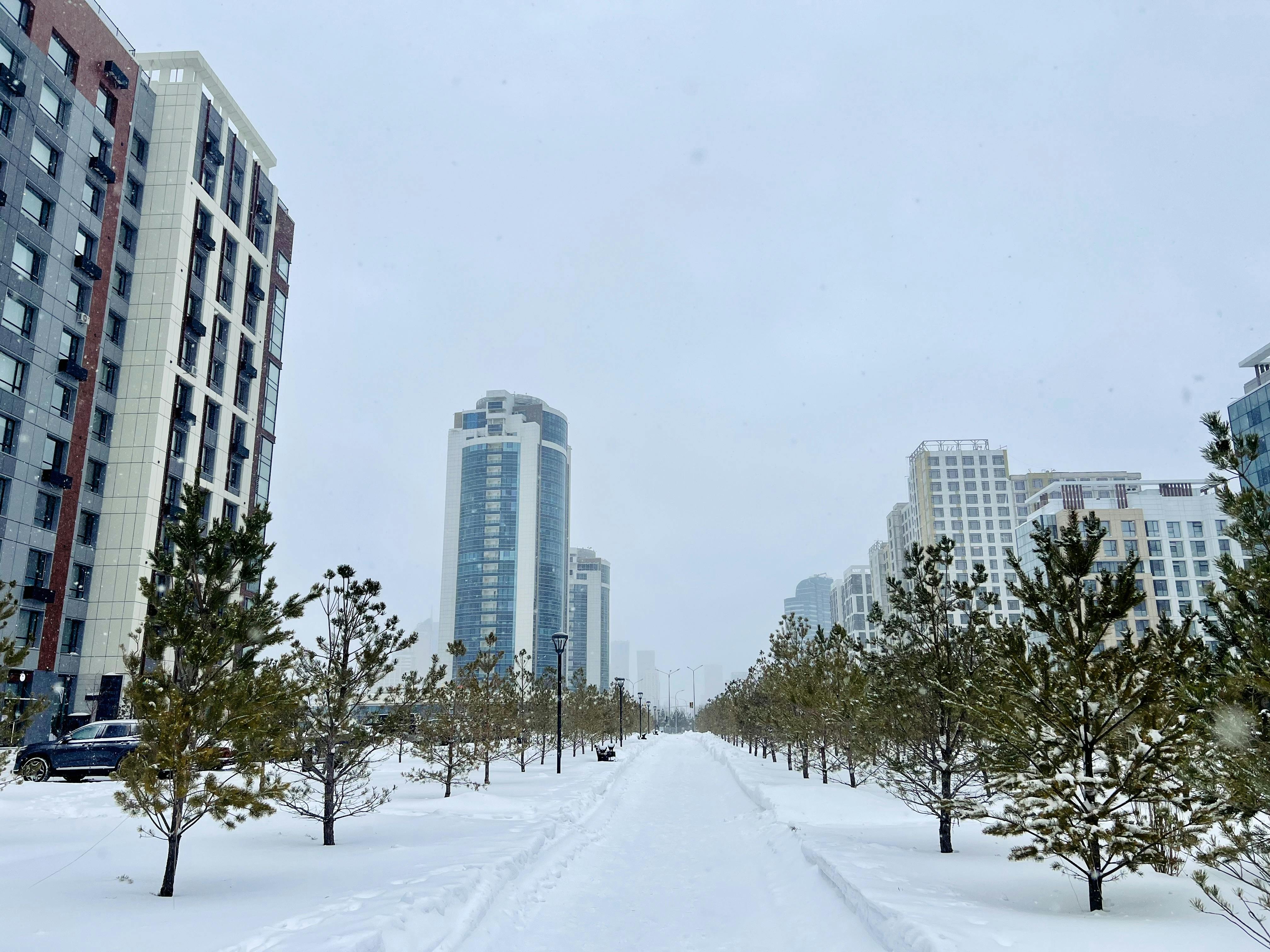 Линия горизонта Астаны под сильным снегом