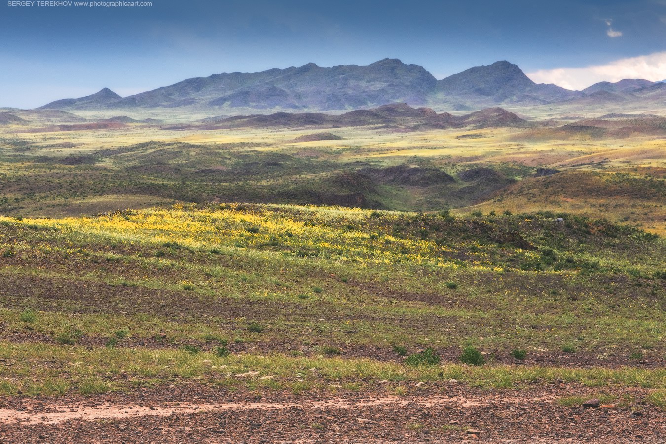 Широкий казахский ландшафт, переходящий от степей к горам