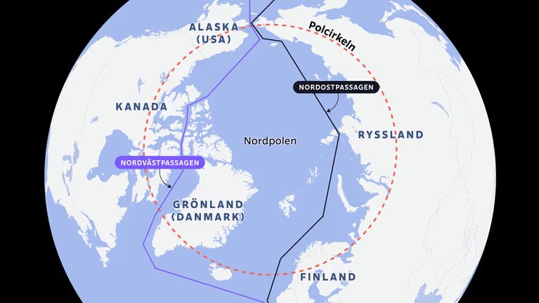 En karta som visar området runt Nordpolen, inklusive länderna Kanada, USA, Ryssland, Finland och Grönland. Polcirkeln är markerad.