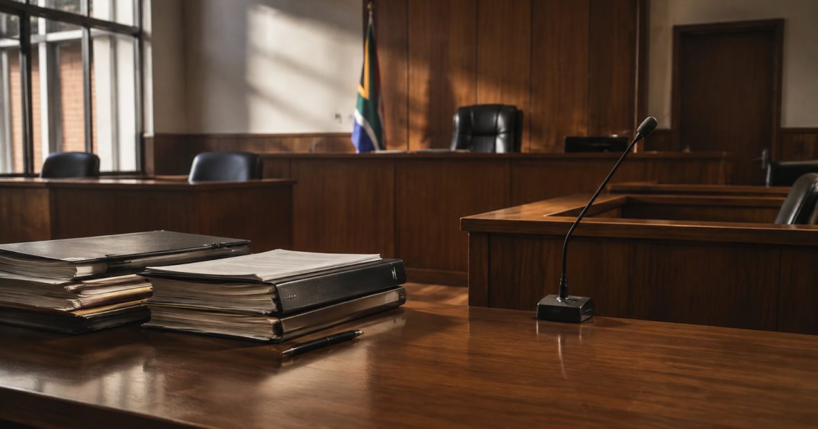 Empty South African courtroom with legal files and a witness microphone