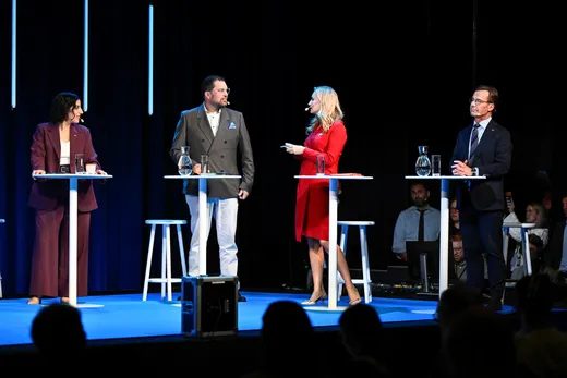 Tidöpartiernas ledare under Sveriges radios slutdebatt med partiledarna.