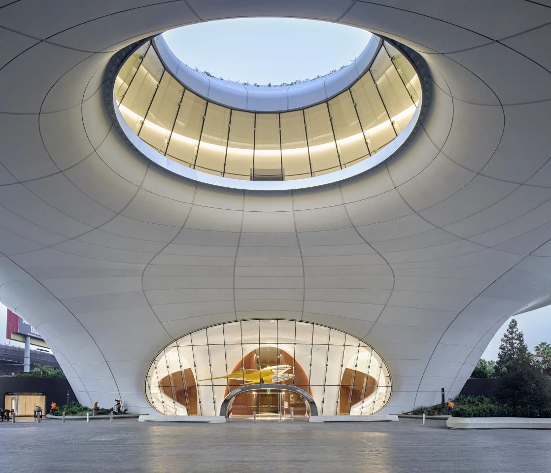 The Lucas Museum of Narrative Art includes an elliptical oculus that offers visitors a view up into the sky