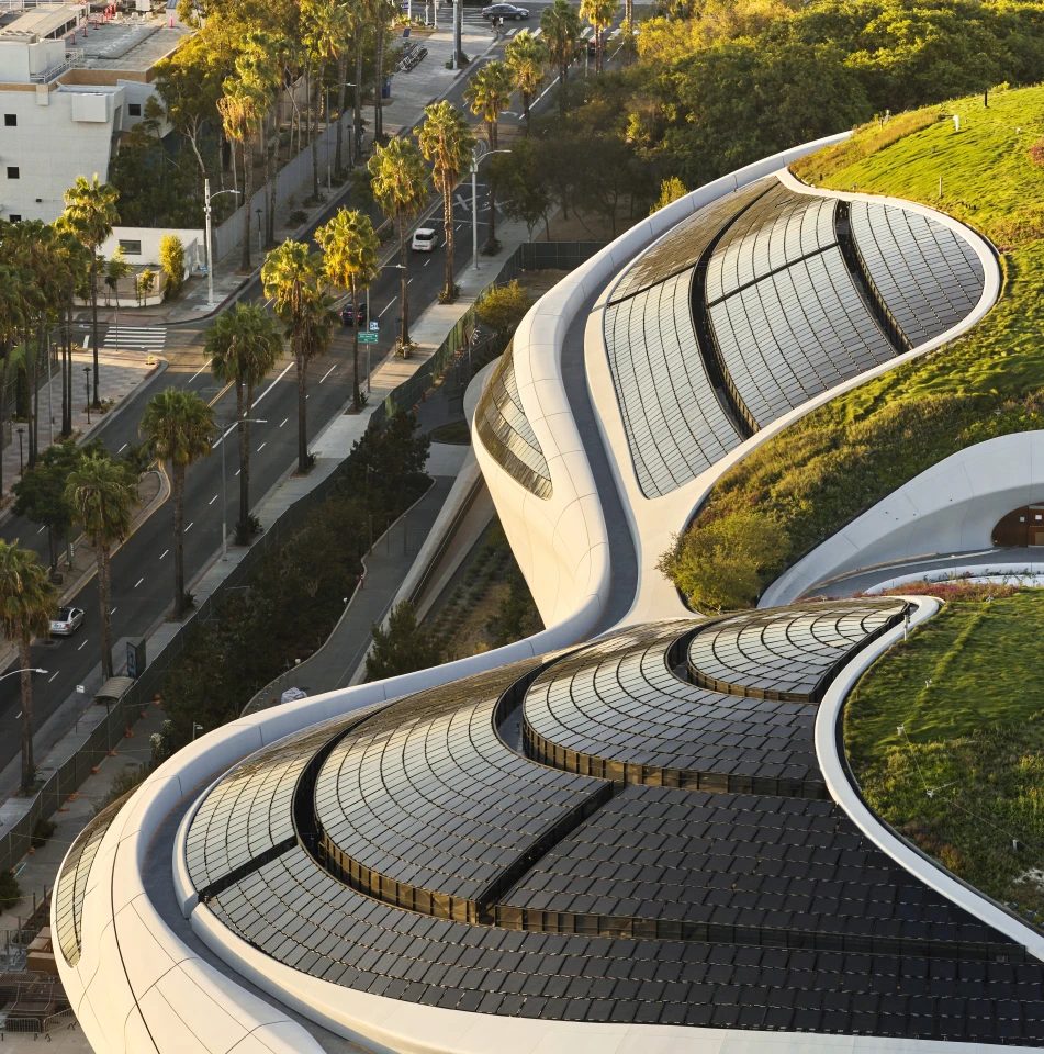 The Lucas Museum of Narrative Art's roof hosts both solar panels and a large green roof section