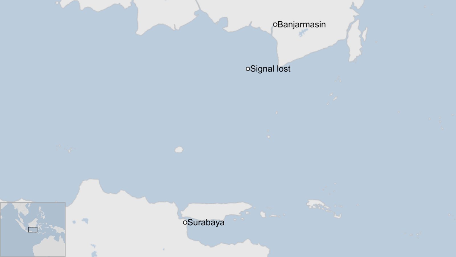 A map showing part of Indonesia. The city of Surabaya is shown in the south west and Banjarmasin is shown to the north. A circle with the text "signal lost" is south of Banjarmasin