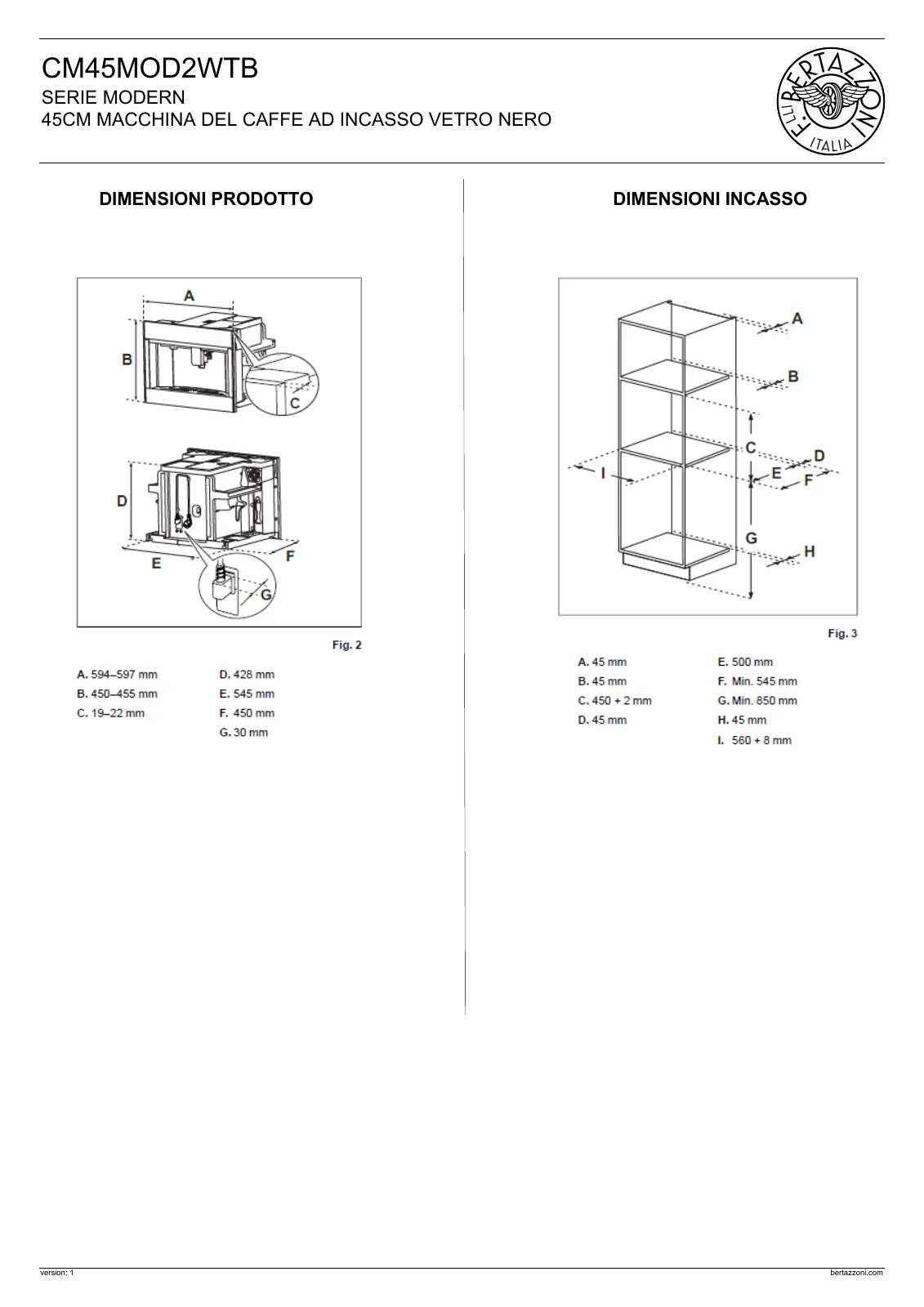 Монтажная схема кофемашины Bertazzoni CM45MOD2WTB с размерами ниши
