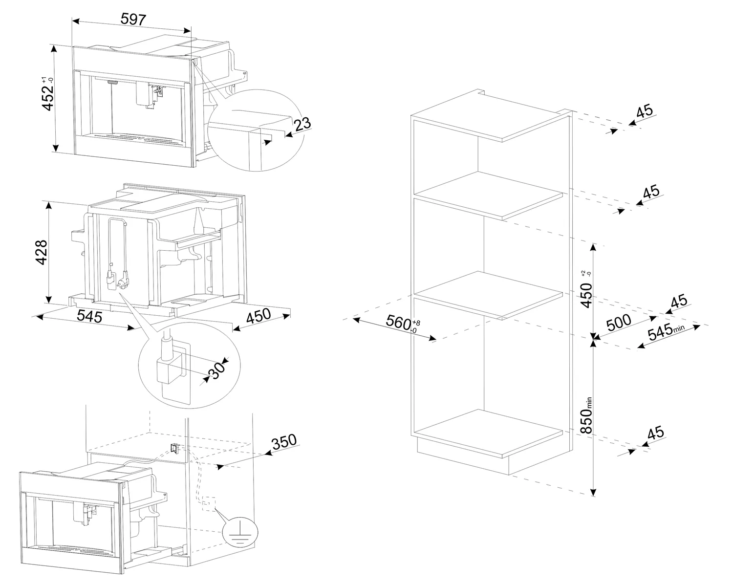 Монтажный чертёж Smeg: ниша 450–452 × 560–568 мм, глубина от 545 мм, вентиляционные проходы 45 мм