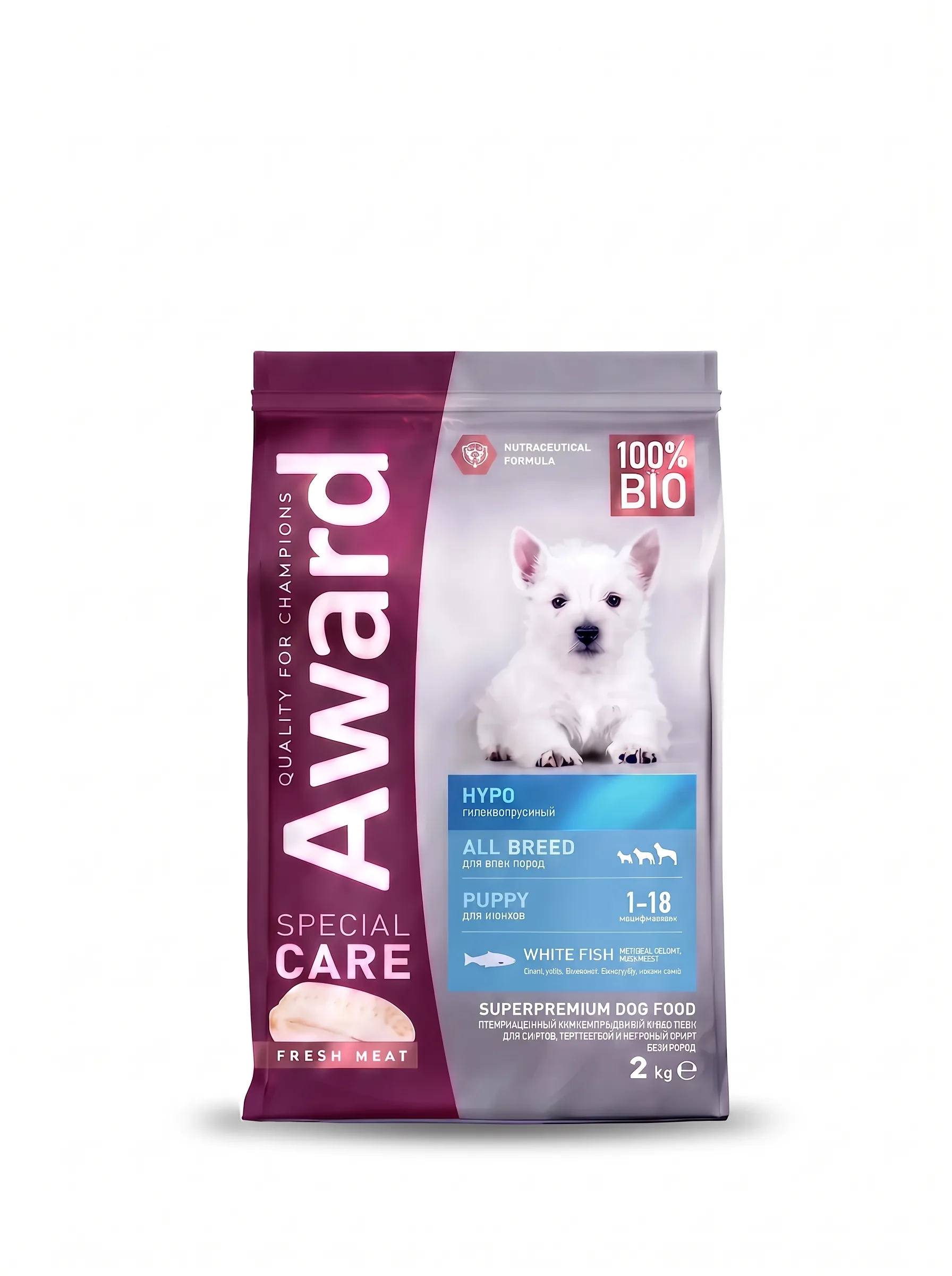 Изображение 1 для Сухой корм AWARD SPECIAL CARE HYPO PUPPY со свежей белой рыбой для щенков от 1 месяца, беременных и кормящих собак всех пород, склонных к аллергии 2кг