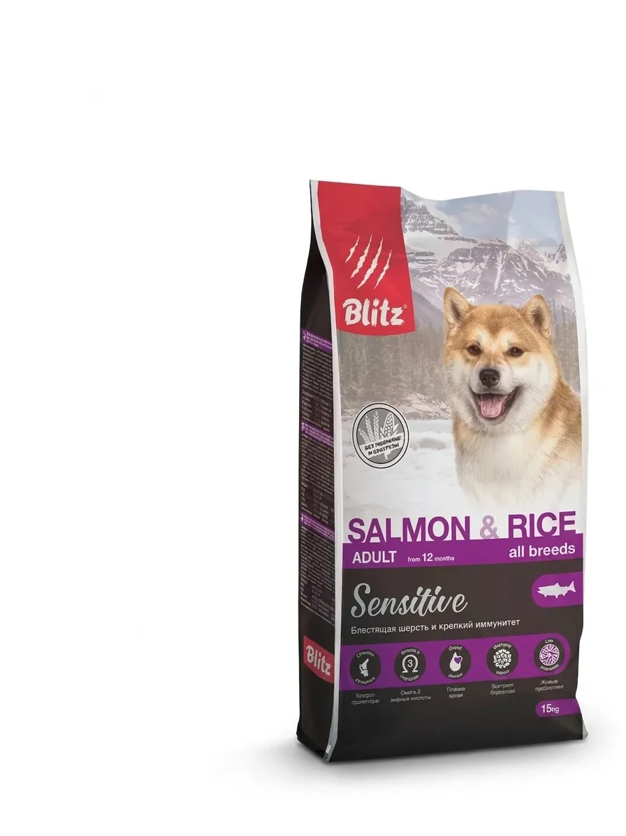 Изображение 1 для Сухой корм BLITZ ADULT SALMON & RICE для взрослых собак всех пород ЛОСОСЬ С РИСОМ/ 15кг