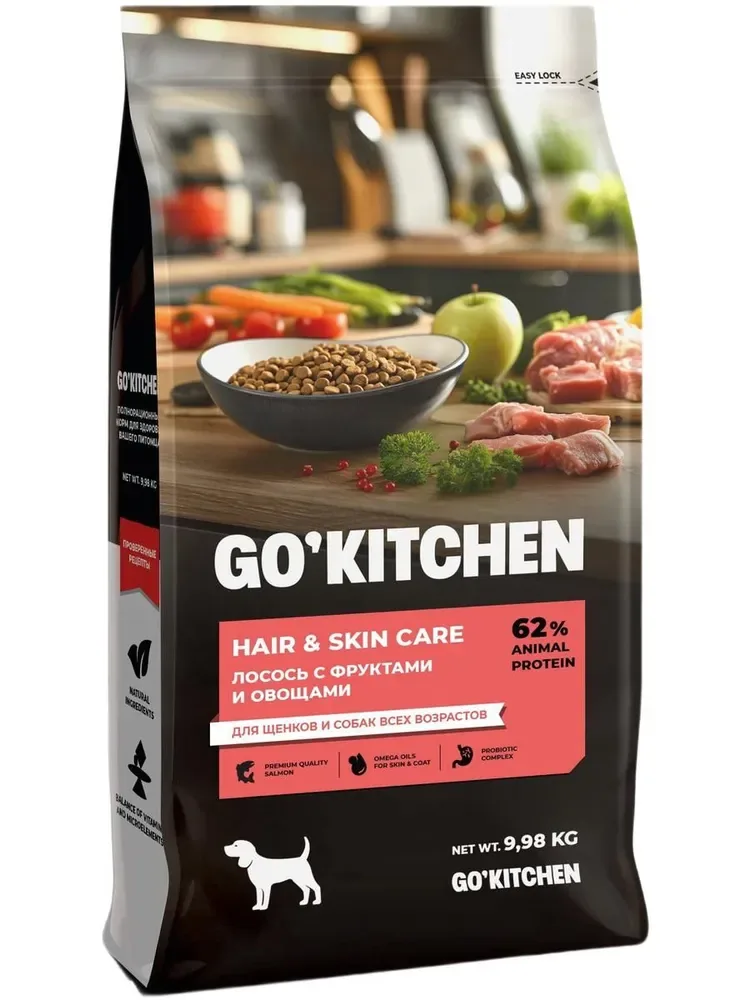 Изображение 1 для GO KITCHEN Dog Hair & Skin Care сухой корм холистик для взрослых собак и щенков, лосось, фрукты, овощи 9,98 кг / Гоу Китчен Holistic