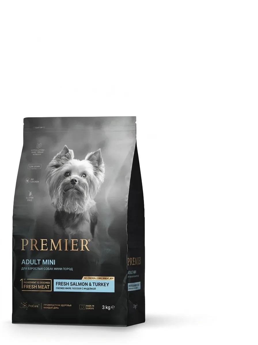 Сухой низкозерновой корм Premier Dog Salmon & Turkey Adult Mini для собак мелких пород, свежее филе лосося с индейкой - 3 кг