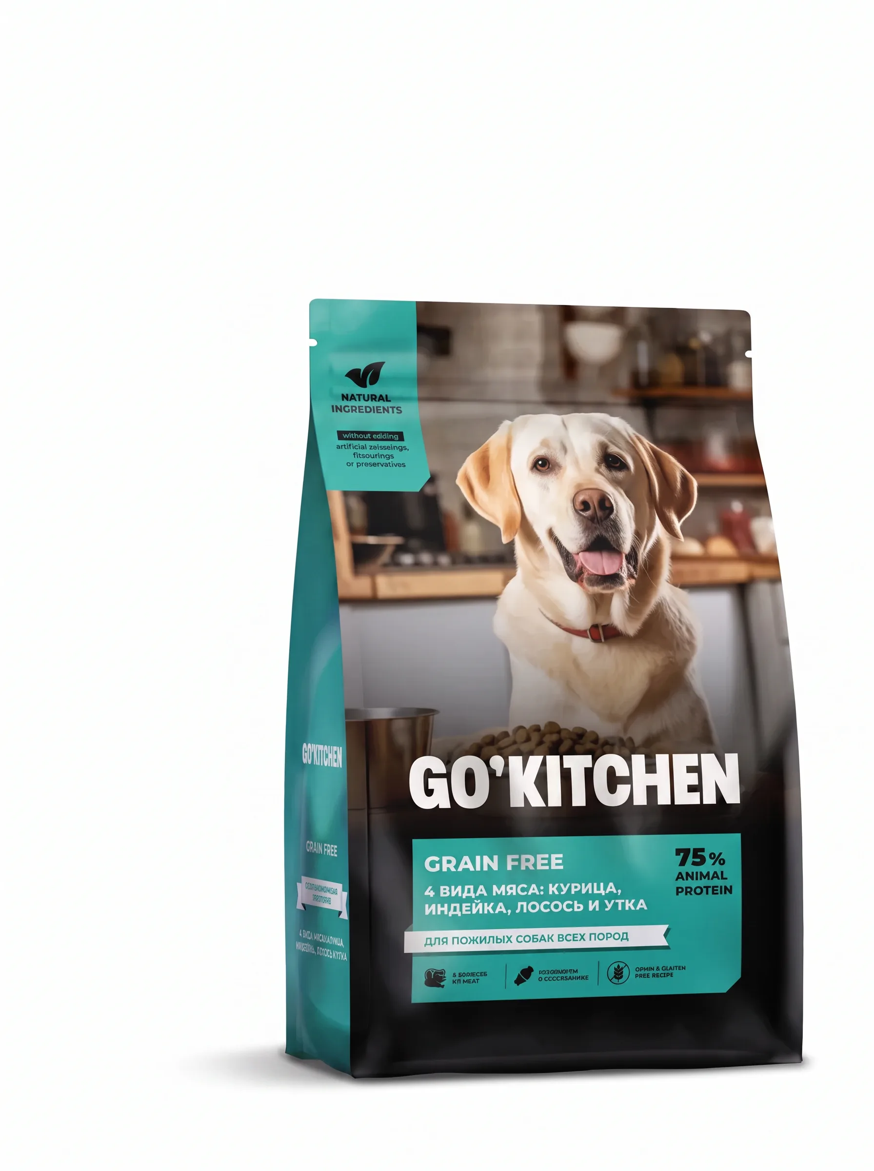Изображение 1 для GO'KITCHEN Беззерновой корм для пожилых собак всех пород с индейкой, курицей, лососем и уткой, GRAIN FREE SENIOR 4 Meat Recipe, 9,98 кг