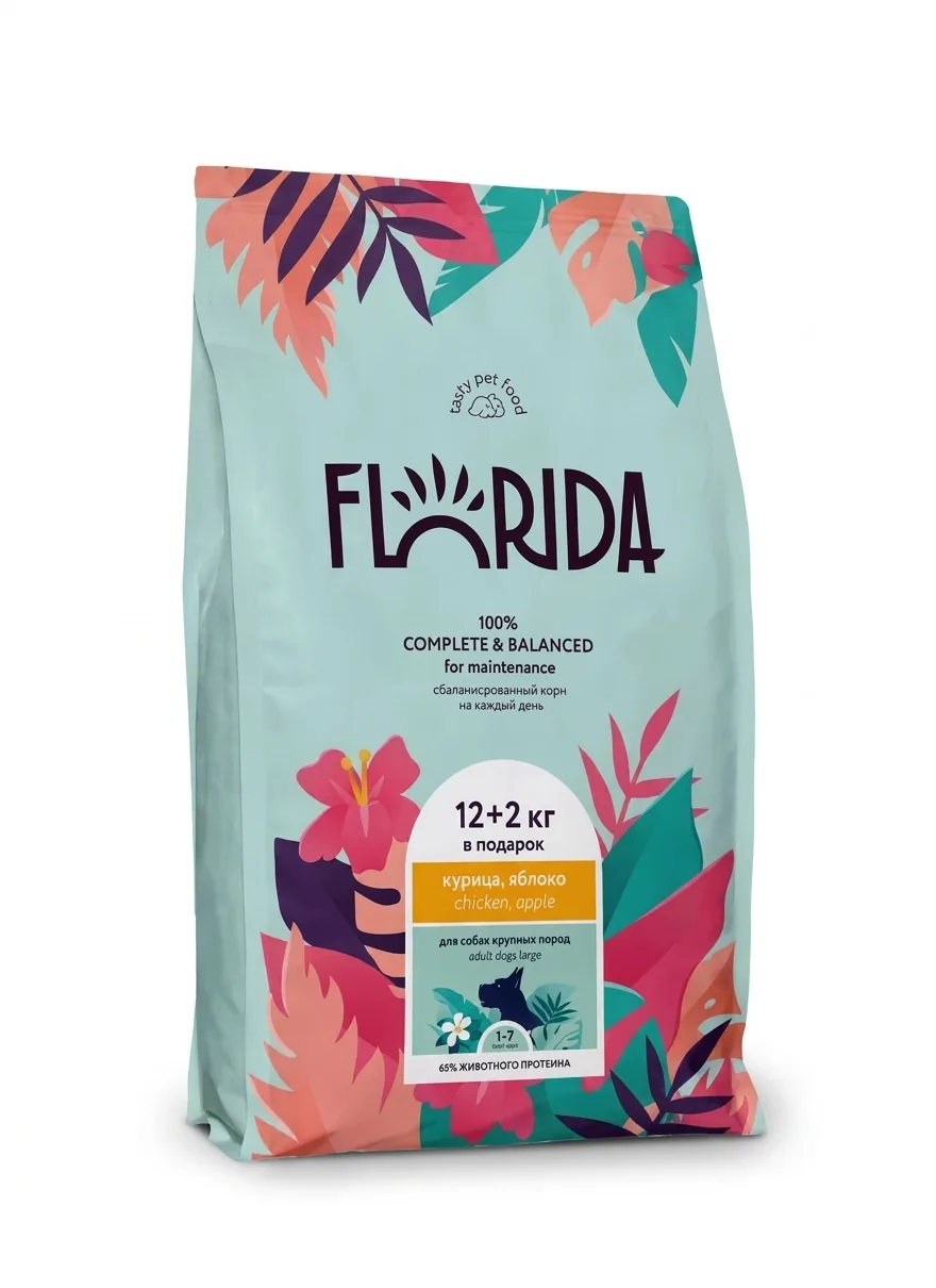 Изображение 1 для FLORIDA Сухой корм для взрослых собак крупных пород с курицей и яблоком, 14 кг