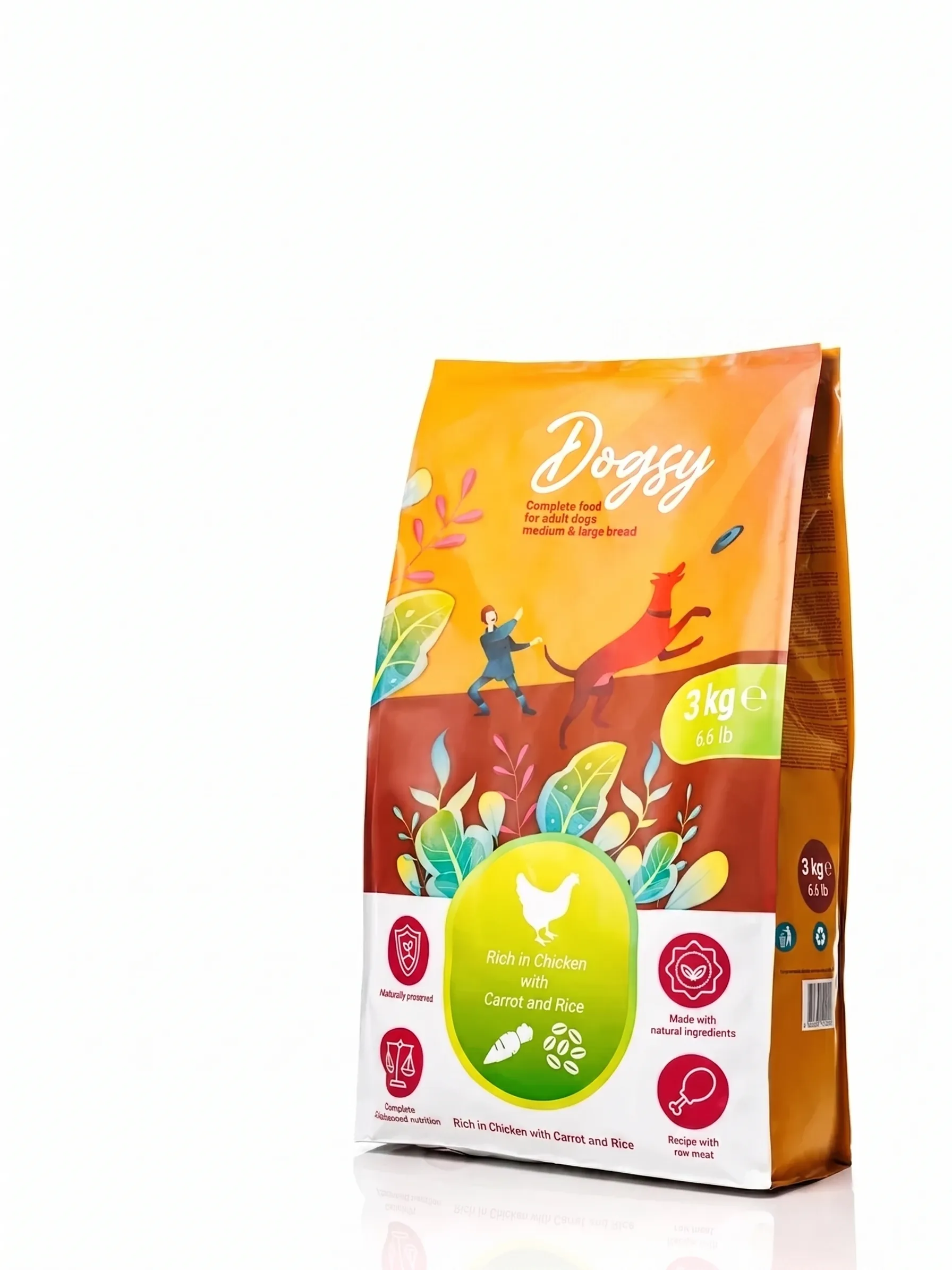 Изображение 1 для Корм сухой 3 кг Dogsy, с курицей, рисом и морковью, для больших и средних собак, гранулы 1,5 см (годен до 22.04.2026)