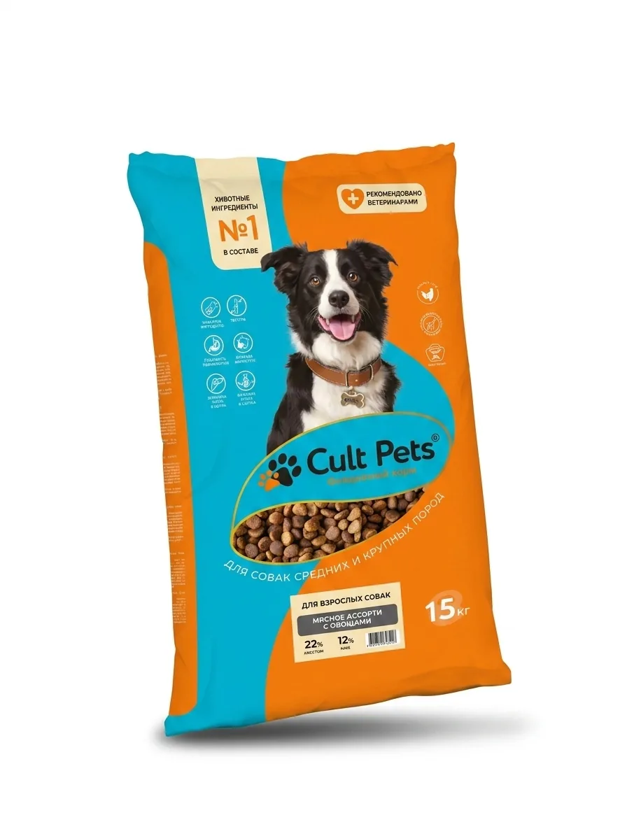 Изображение 1 для корм для взрослых собак сухой Cult Pets мясное ассорти с овощами 15 кг. Премиум для средних и крупных пород