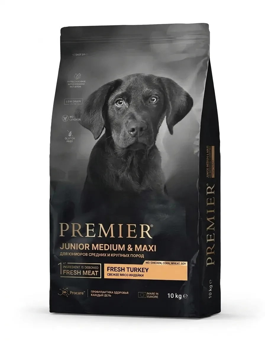 Изображение 1 для Premier Dog Turkey Junior Medium&Maxi сухой корм для юниоров и кормящих собак средних и крупных пород, со свежим мясом индейки - 10 кг