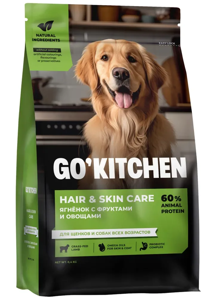 Изображение 1 для GO KITCHEN Dog Hair & Skin Care сухой корм холистик для взрослых собак и щенков, ягненок, фрукты, овощи 0,4 кг / Гоу Китчен Holistic