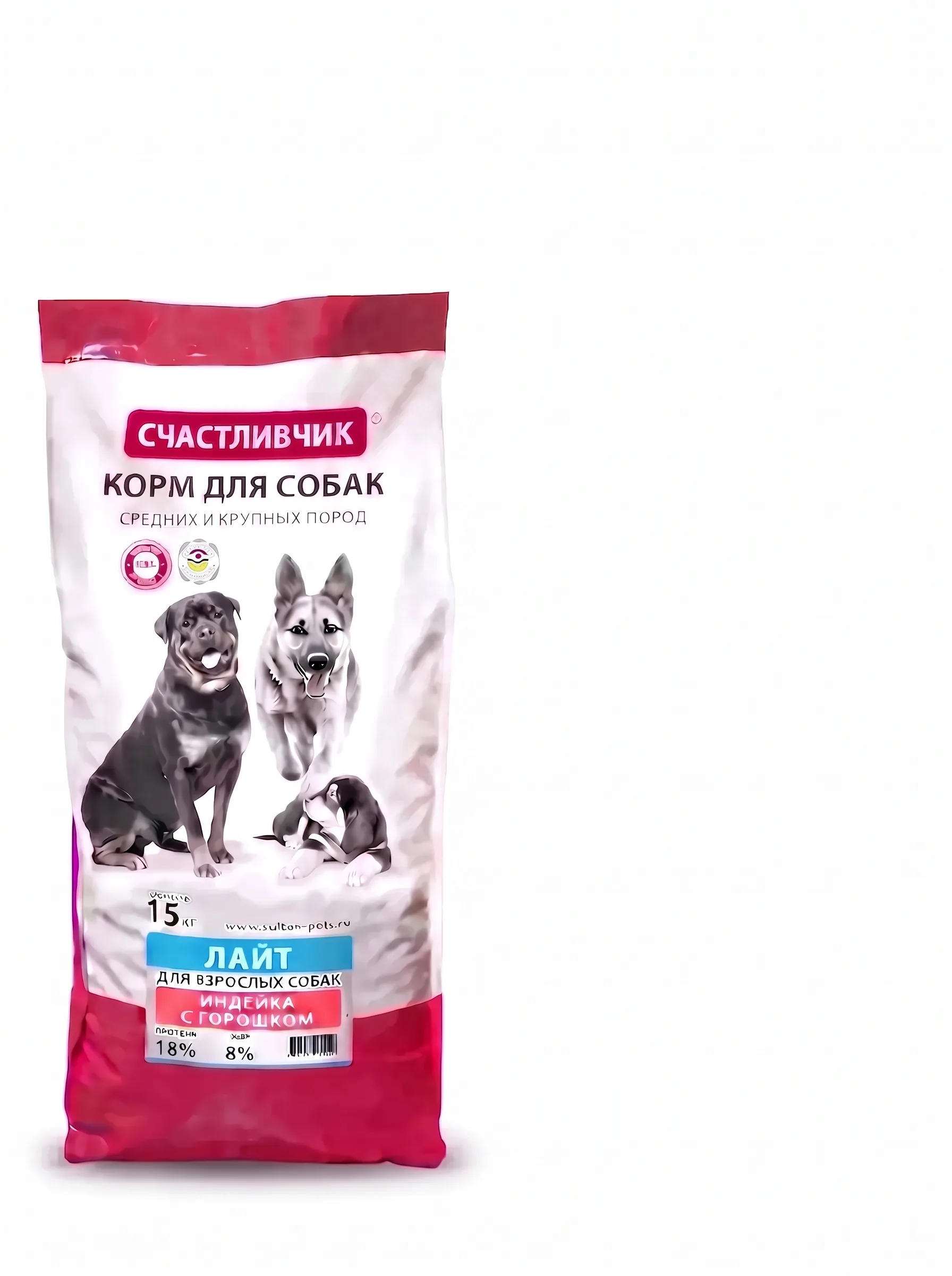 Изображение 1 для Корм сухой 15 кг Индейка с горошком для взрослых собак средних и крупных пород, Счастливчик Лайт сбалансированное полнорационное питание из натуральных ингредиентов для защиты от лишнего веса