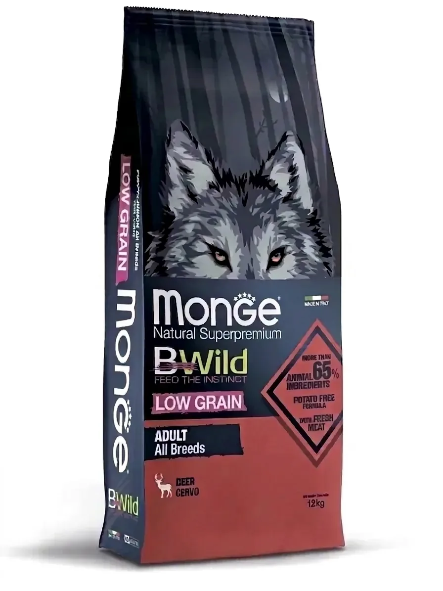 Изображение 1 для Сухой корм Monge Dog BWild LOW GRAIN для взрослых собак, низкозерновой, из мяса оленя 12 кг