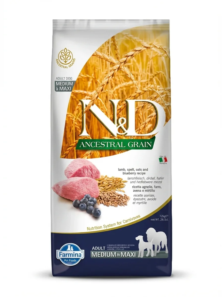 Изображение 1 для Сухой низкозерновой корм Farmina N&D Ancestral Grain Dog Medium&Maxi для взрослых собак средних и крупных пород , ягненок и черника, 12кг