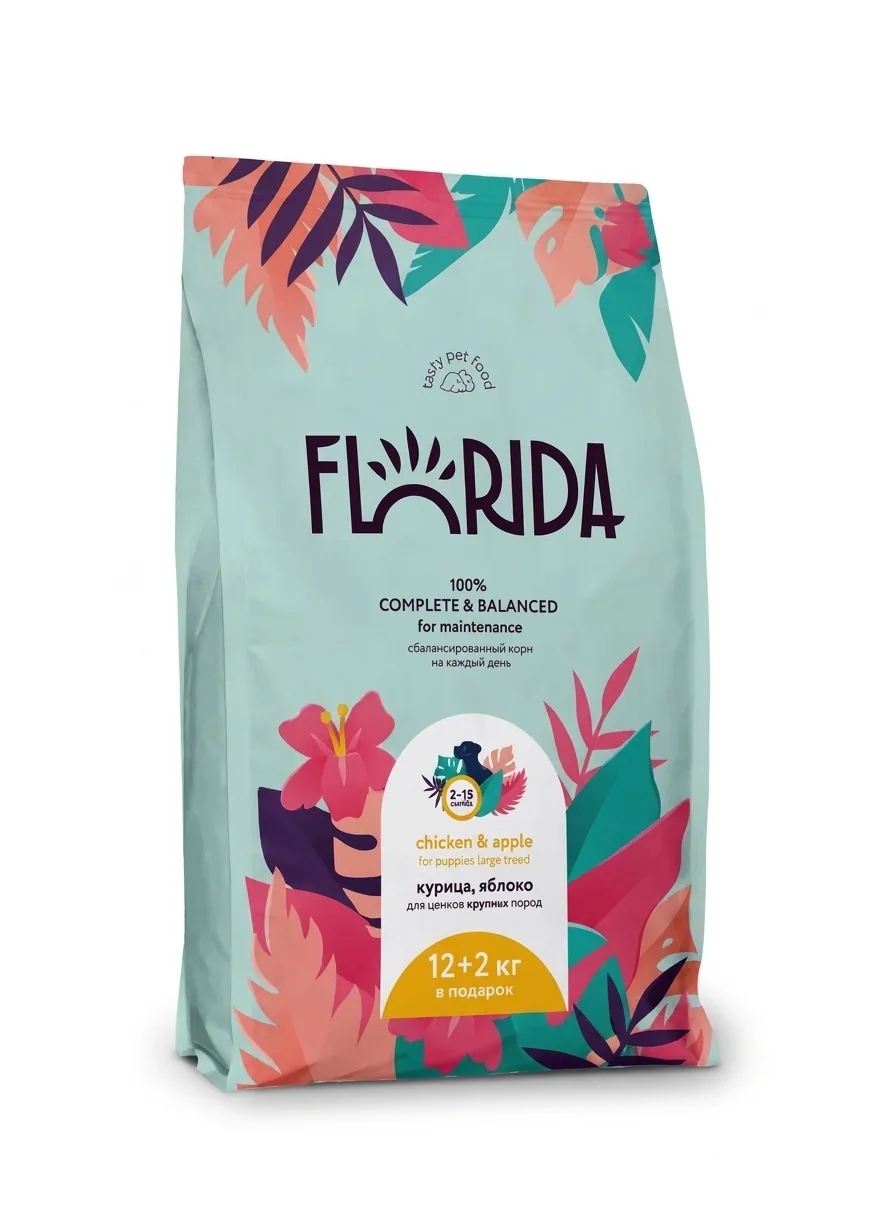 Изображение 1 для FLORIDA Сухой корм для щенков крупных пород с курицей и яблоком 14 кг