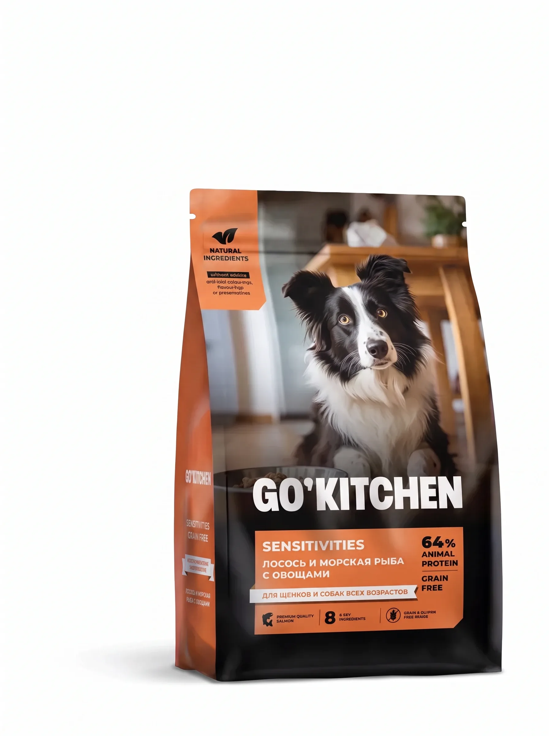 Изображение 1 для GO'KITCHEN Беззерновой корм для щенков и собак всех возрастов с лососем и морской рыбой для чувствительного пищеварения, SENSITIVITIES Seafish, 9,98 кг