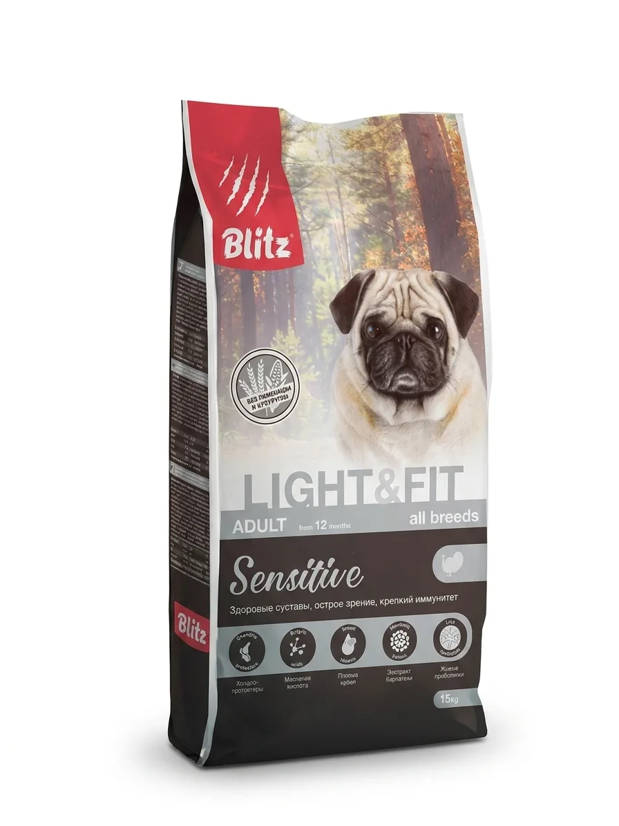 Изображение 1 для Сухой корм BLITZ Sensitive ADULT LIGHT & FIT корм для взрослых собак с ЛИШНИМ ВЕСОМ с индейкой/ 15 кг