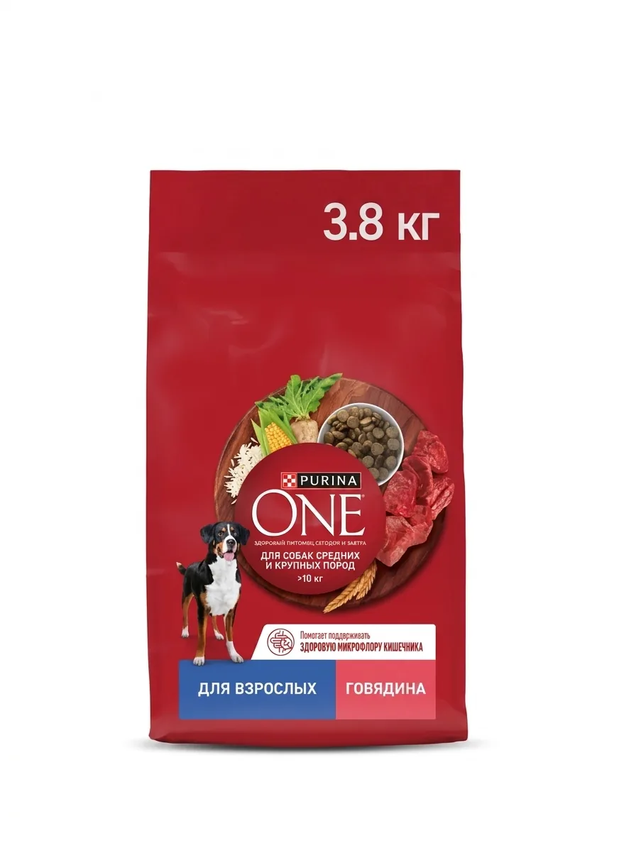 Изображение 1 для Сухой корм для собак Purina ONE для средних и крупных пород, с говядиной и рисом, 3,8 кг