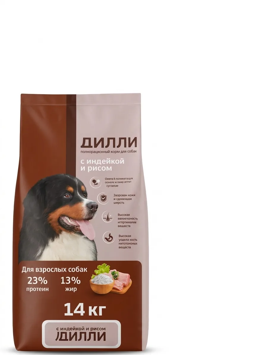 Изображение 1 для Корм сухой для собак Дилли / Индейка и рис, 14 кг