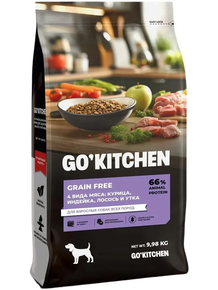 Изображение 1 для GO KITCHEN Dog Grain Free беззерновой сухой корм холистик для взрослых собак, 4 вида мяса, курица, индейка, лосось, утка 9,98 кг / Гоу Китчен Holistic