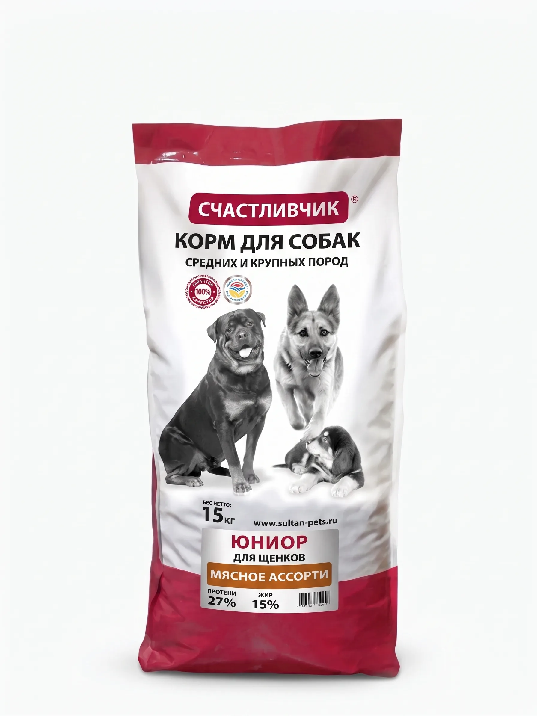 Изображение 1 для Корм сухой 15 кг Мясное ассорти для щенков средних и крупных пород, Счастливчик Юниор сбалансированное полнорационное питание из натуральных ингредиентов для полноценного роста и развития