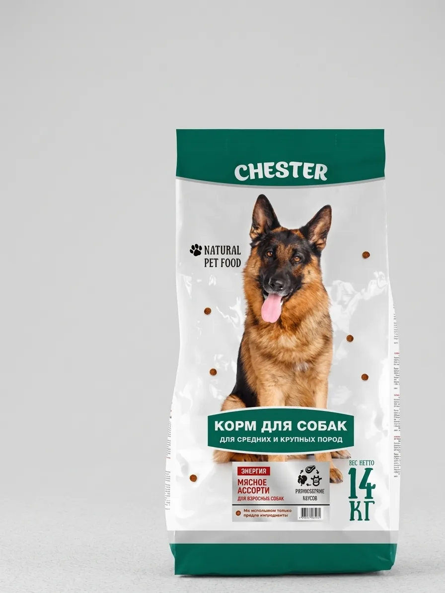 Изображение 1 для Сухой корм для собак средних и крупных пород CHESTER Энергия "Мясное ассорти" , 14 кг