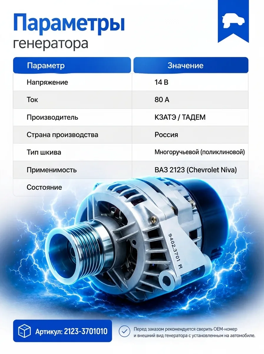 Генератор 80А для ВАЗ 2123 Шевроле Нива КЗАТЭ