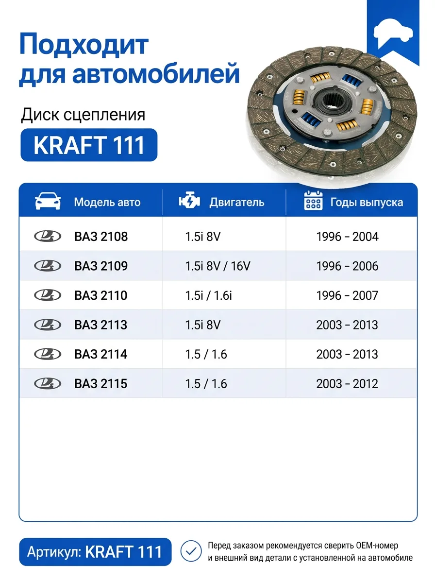 Диск сцепления ведомый KRAFT для ВАЗ 2108-2115 и 2110