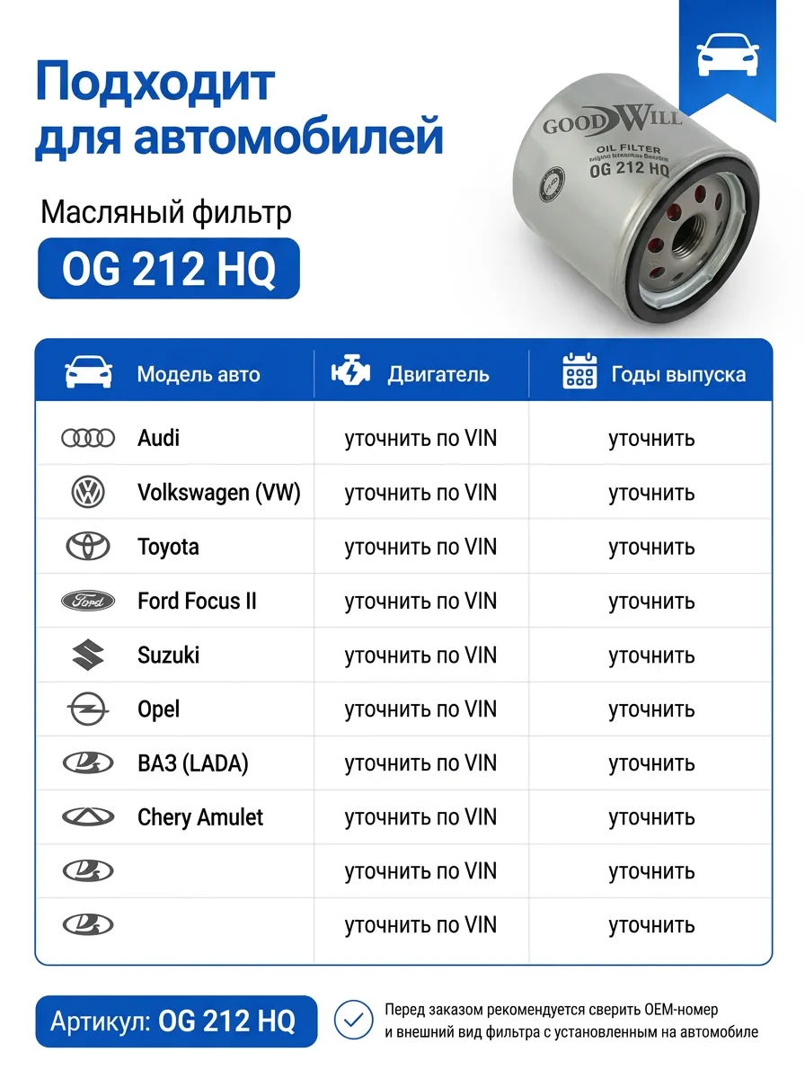 Масляный фильтр GoodWill OG 212 HQ с антидренажным клапаном