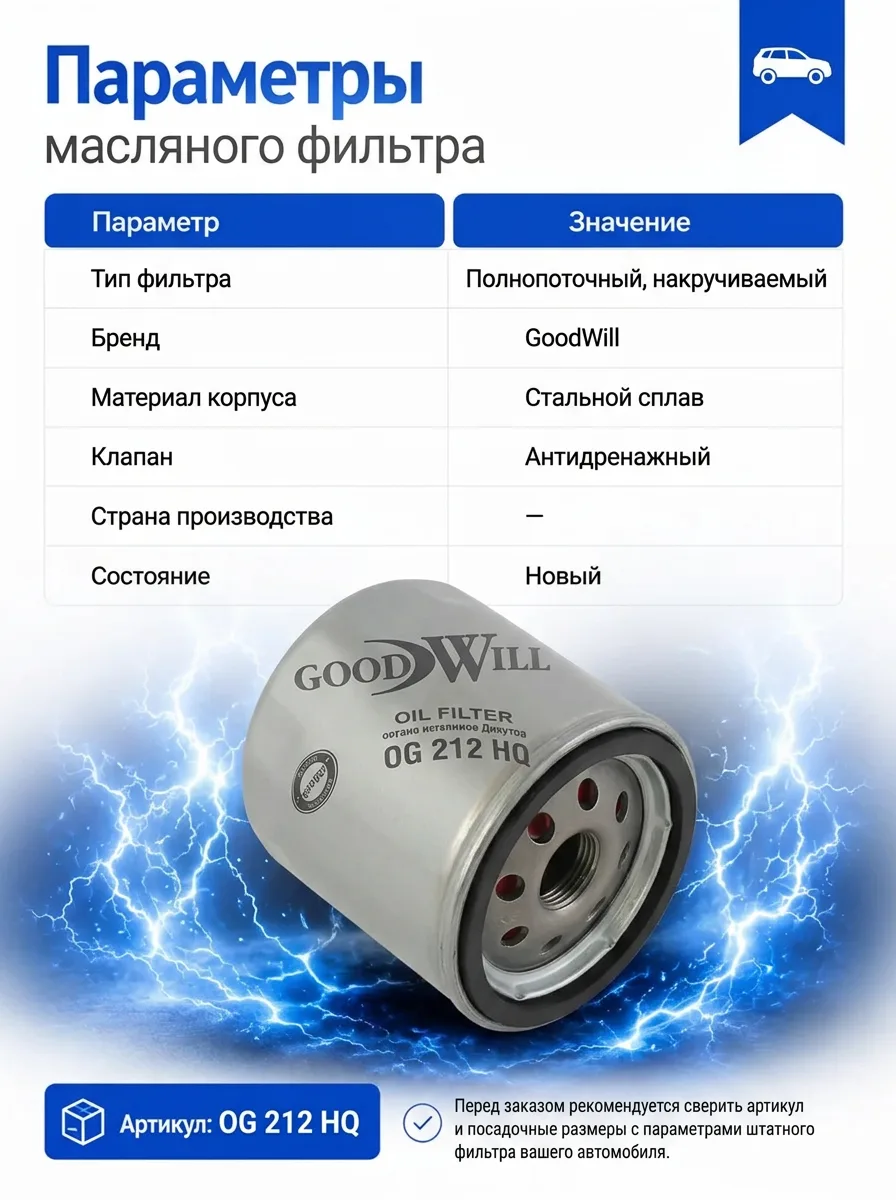 Масляный фильтр GoodWill OG 212 HQ с антидренажным клапаном