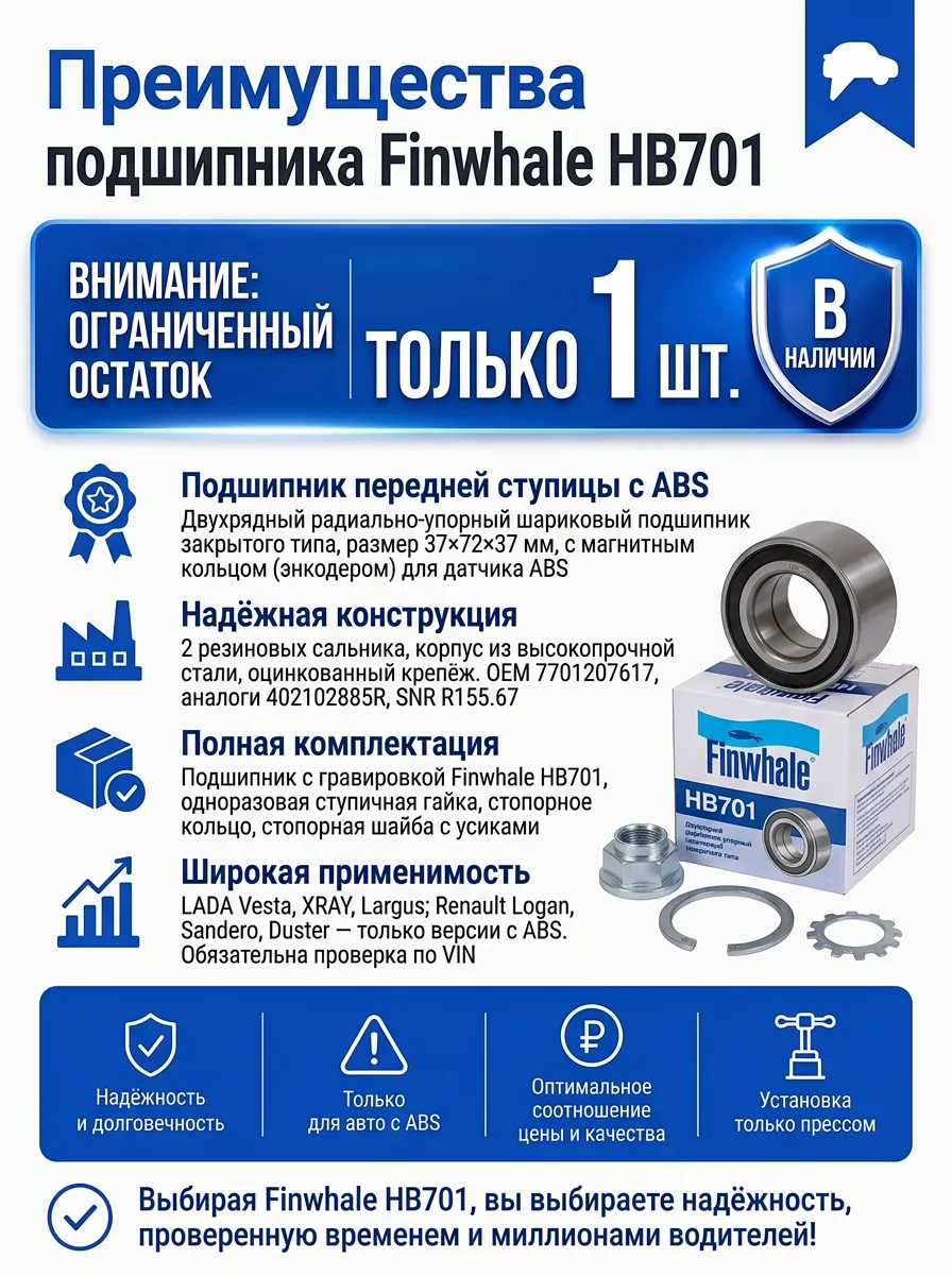 Подшипник ступицы передней с ABS Finwhale HB701 для Largus и XRAY