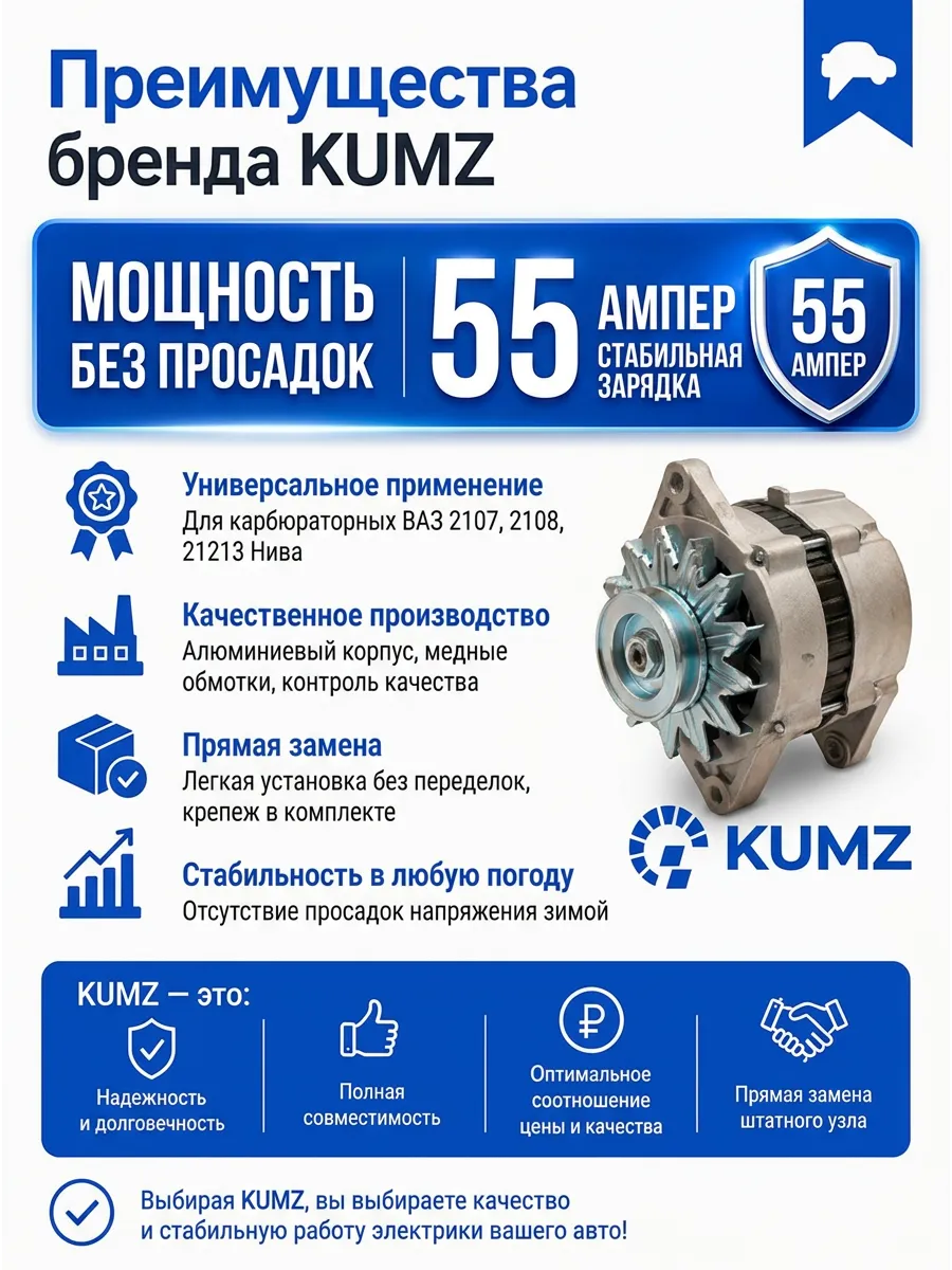 Генератор (55 А) Ваз 2107-2108-21213 карбюратор KUMZ