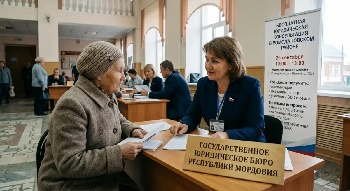 Сотрудница юридического бюро консультирует пожилую женщину за столом с документами.