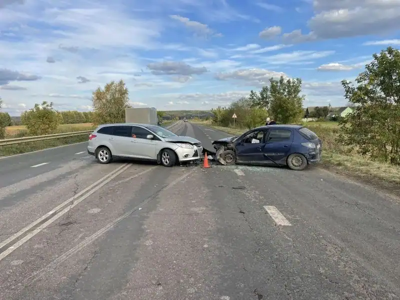 Два легковых автомобиля с повреждёнными передними частями стоят на загородной дороге.