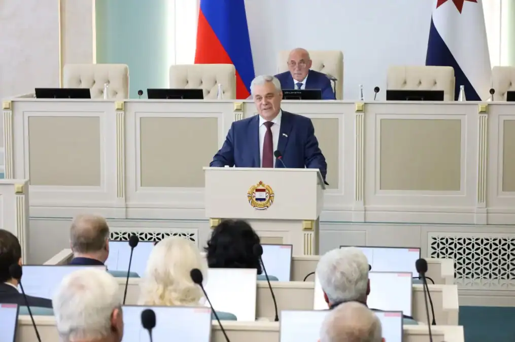 Мужчина выступает с трибуны перед депутатами в зале заседаний.