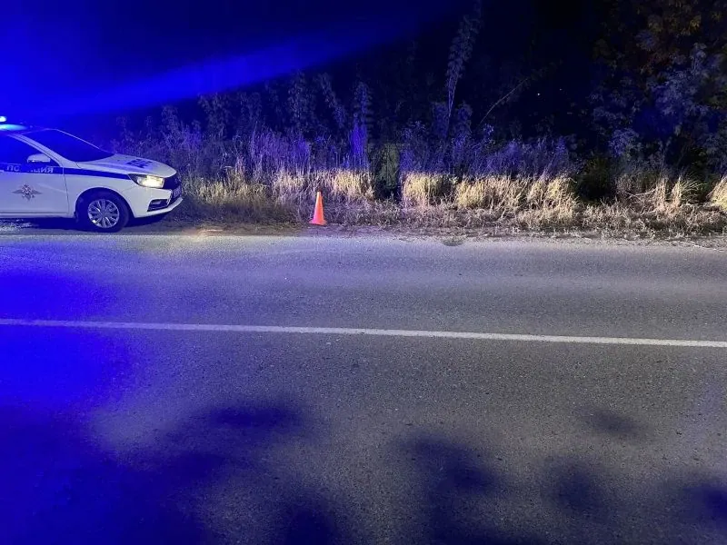 Патрульный автомобиль и оранжевый конус находятся на ночной дороге.