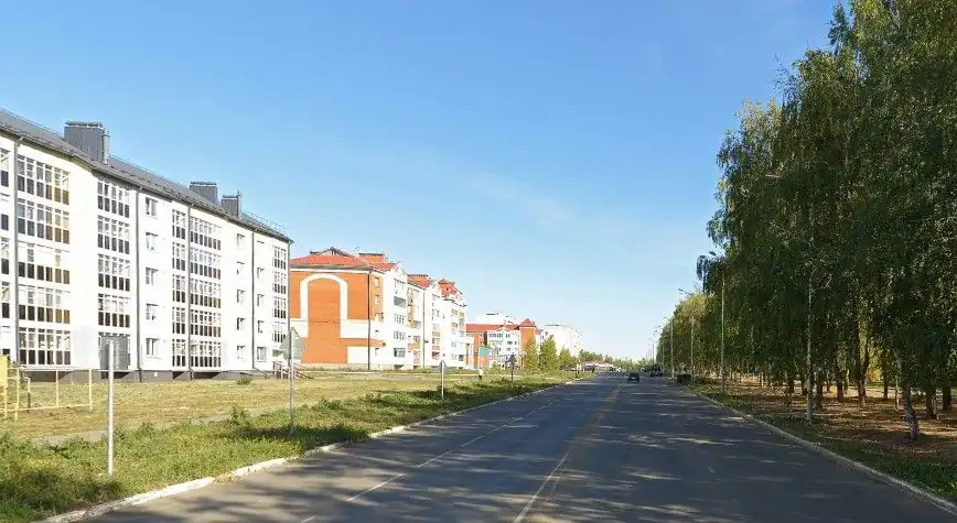 Широкая городская улица с многоэтажными домами и берёзами вдоль дороги.