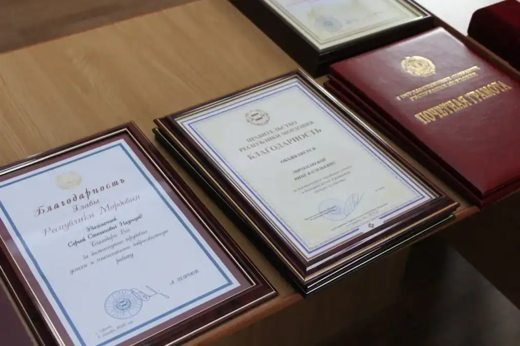 На столе разложены оформленные благодарности, грамоты и красный футляр с наградным документом.