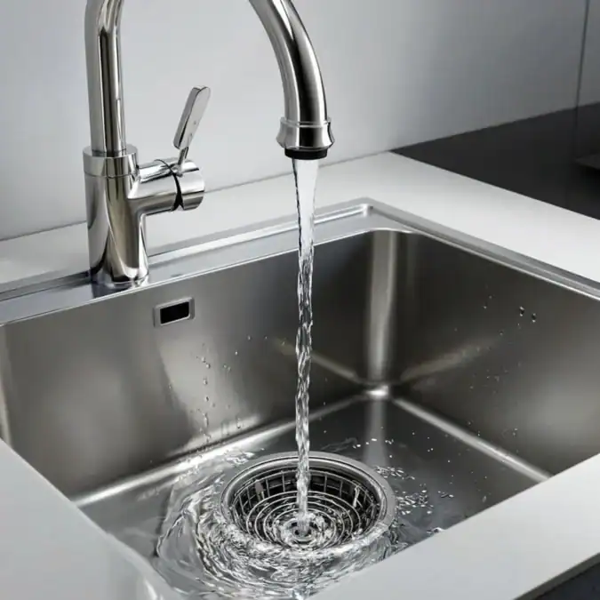 Вода течёт из хромированного кухонного крана в металлическую мойку.