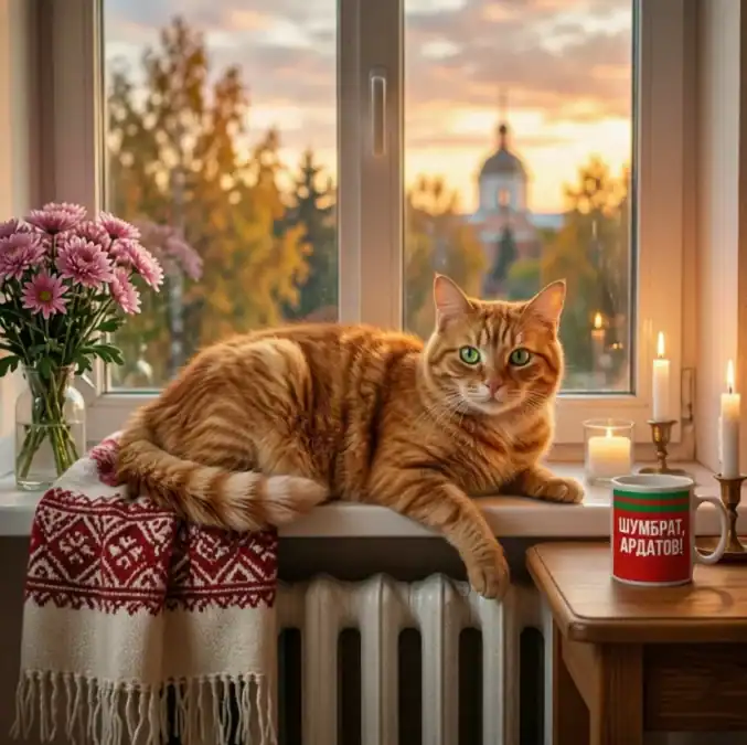 Рыжий кот лежит на подоконнике над радиатором у окна.