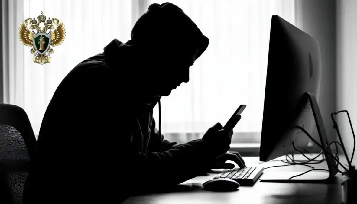 Силуэт человека со смартфоном сидит за компьютером в затемнённой комнате.