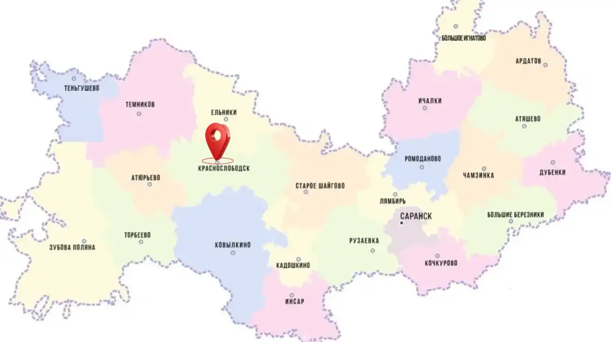 Карта Республики Мордовия с отмеченным Краснослободским районом.