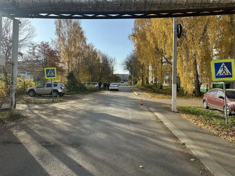 Дорога у пешеходного перехода с конусом, автомобилями и осенними деревьями.