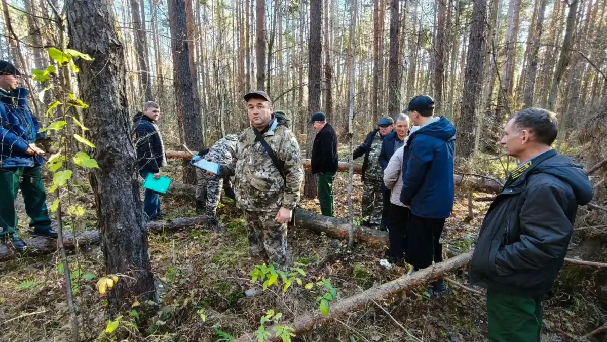 Специалист в камуфляже показывает оборудование группе в сосновом лесу.